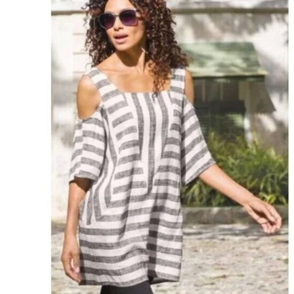 NWT Soft Surroundings Striped Linen-Blend Cold Shoulder Sunset Tunic Top M - Picture 1 of 16